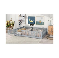 Jujabu Full Rubber Wood Floor Bed with Fence Door and Safety Guardrails