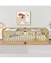 Clihome Twin Size Floor Bed with High Fence Railings, with Door