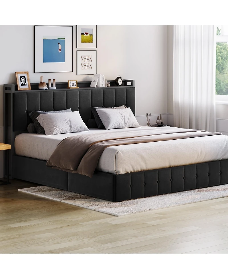Homfan Lift Up Bed Frame, Upholstered Bed with Button Tufted Wingback Storage Headboard, Hydraulic Storage, No Box Spring Needed