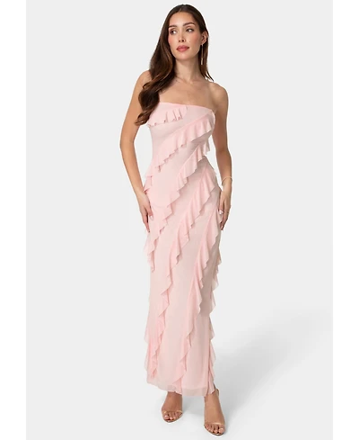 Bebe Women's Strapless Mesh Ruffle Maxi Dress