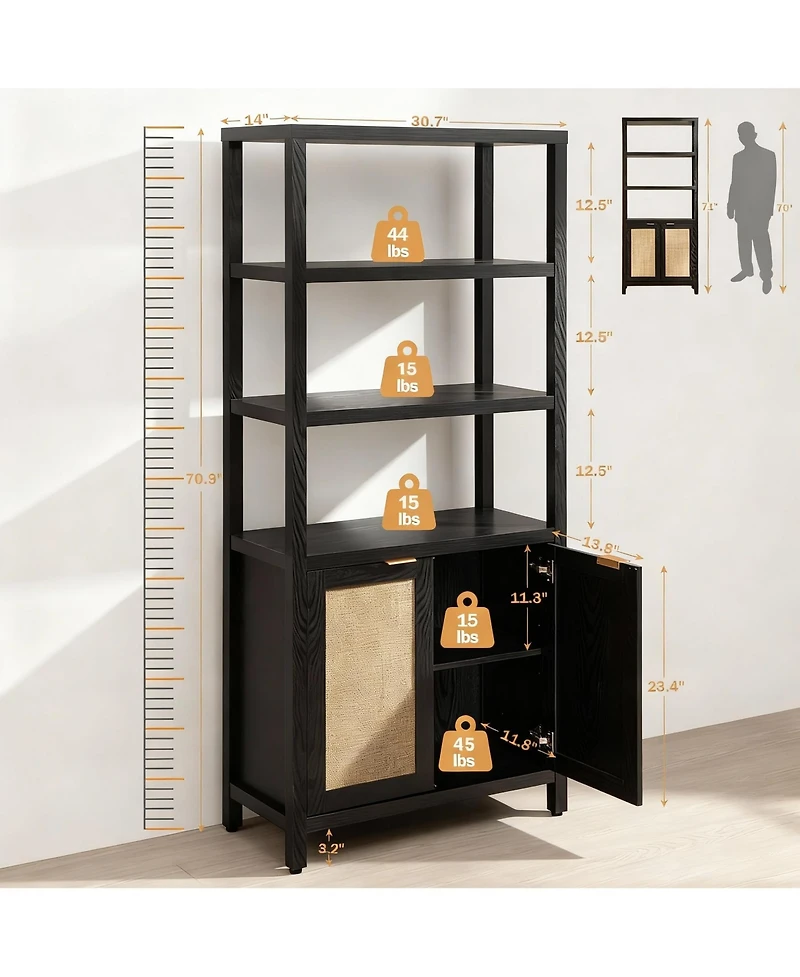 Yigii 5-Tier Rattan Boho Bookcase with Doors for Home Storage