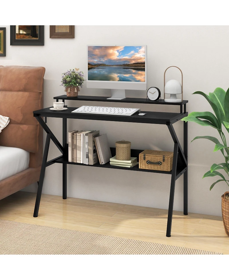 Slickblue Computer Desk with Monitor Stand and Storage Shelf, Space Saving for Work Study