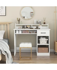 Gouun White Home Office Desk with Charging Station, Keyboard Tray and Adjustable Shelf