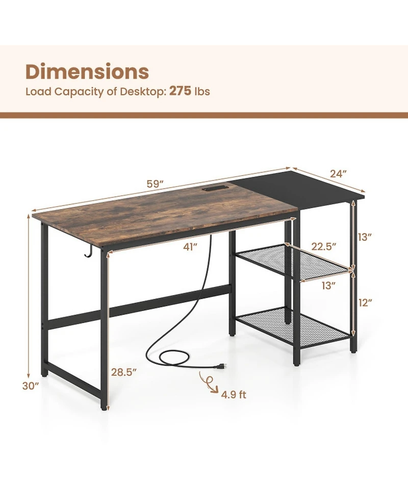 Gouun 59 in Industrial Computer Desk with Built-in Charging Station and Storage Shelves