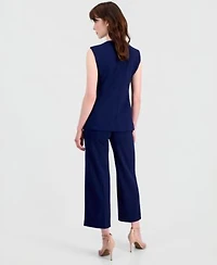 Anne Klein Womens Stretch Crepe Four Button Vest Wide Leg Cropped Pants