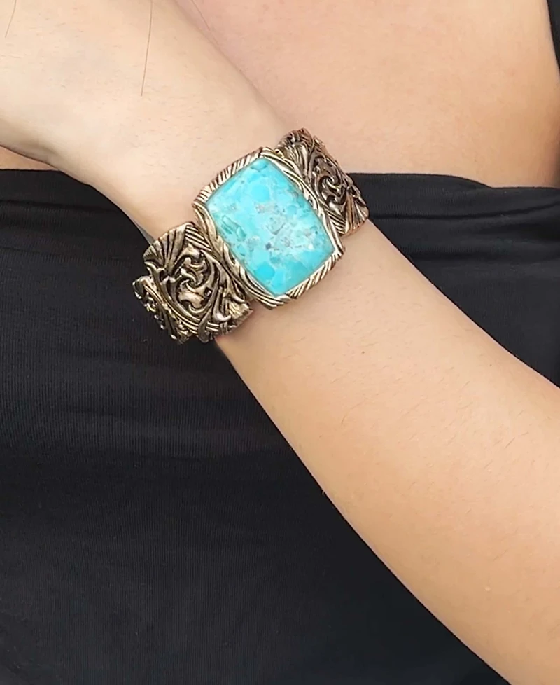 Barse Jacquard Blue Turquoise Solid Golden Cuff Bracelet