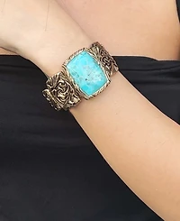 Barse Jacquard Blue Turquoise Solid Golden Cuff Bracelet