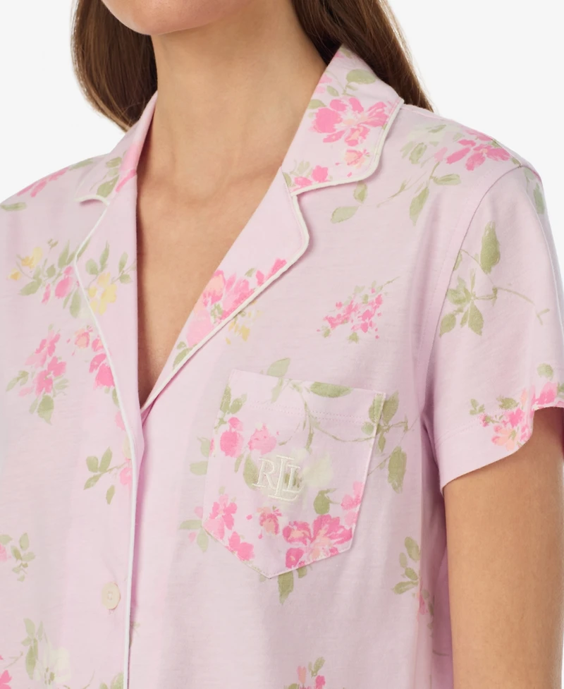 Lauren Ralph Petite Short-Sleeve Notch Collar Cropped Pant Pajama Set