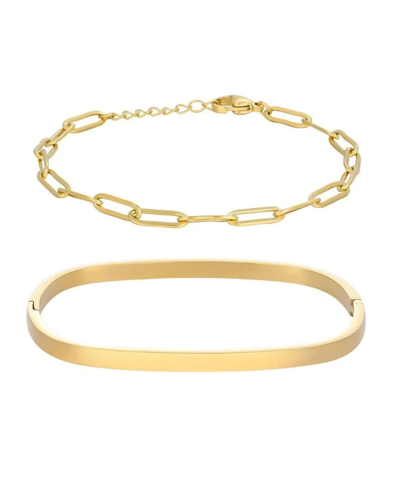 Adornia Tarnish Resistant Gold Rectangular Cuff and Paper Clip Chain Bracelet Set