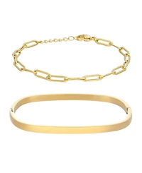 Adornia Tarnish Resistant Gold Rectangular Cuff and Paper Clip Chain Bracelet Set