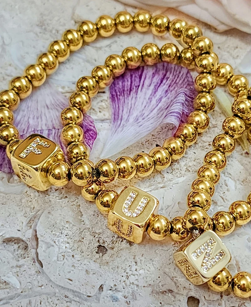 Adornia Cubic Zirconia Gold Set of 2 Initial Cube Bead Bracelet