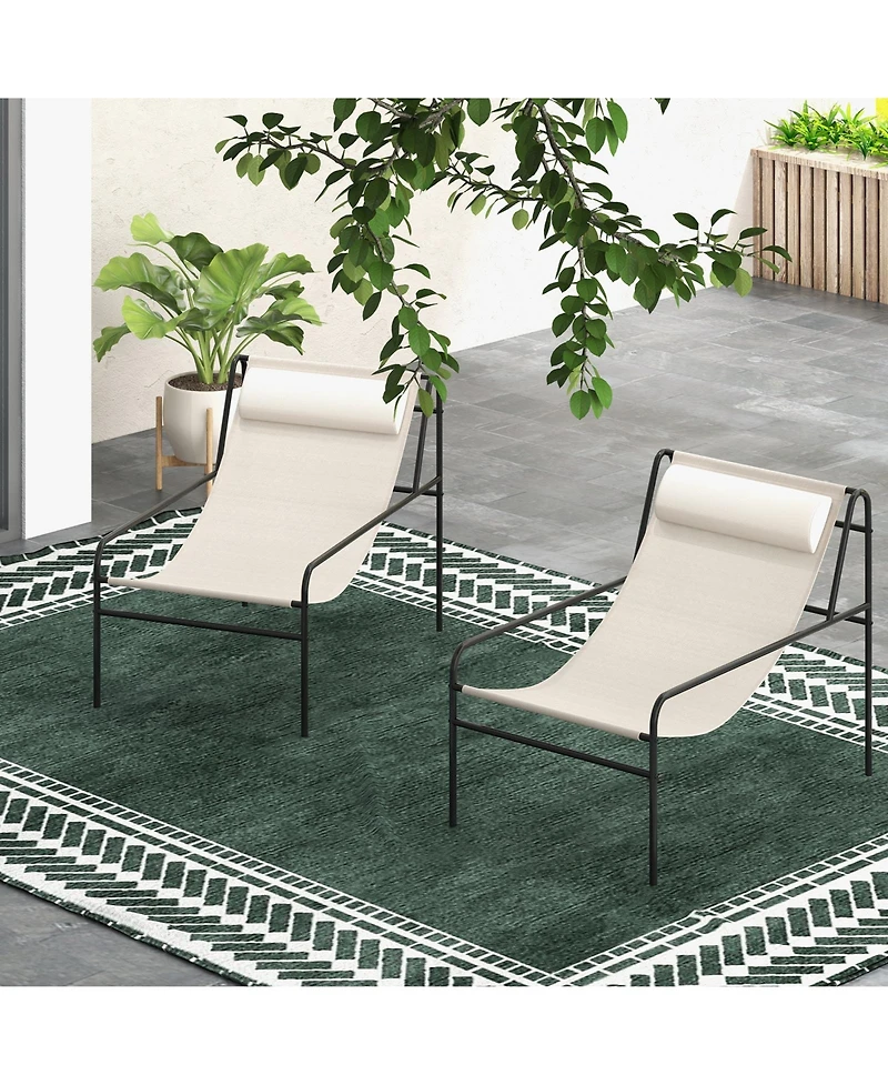 Gymax 2 Pieces Patio Sling Chair Modern Accent Chair w/ Removable Headrest and Sturdy Metal Frame