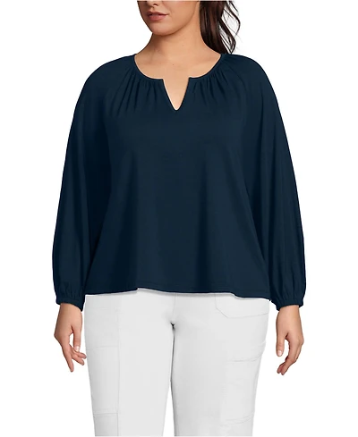 Lands' End Plus Lightweight Jersey 3/4 Sleeve Notch Neck Gather Blouse