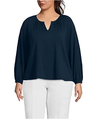 Lands' End Plus Lightweight Jersey 3/4 Sleeve Notch Neck Gather Blouse
