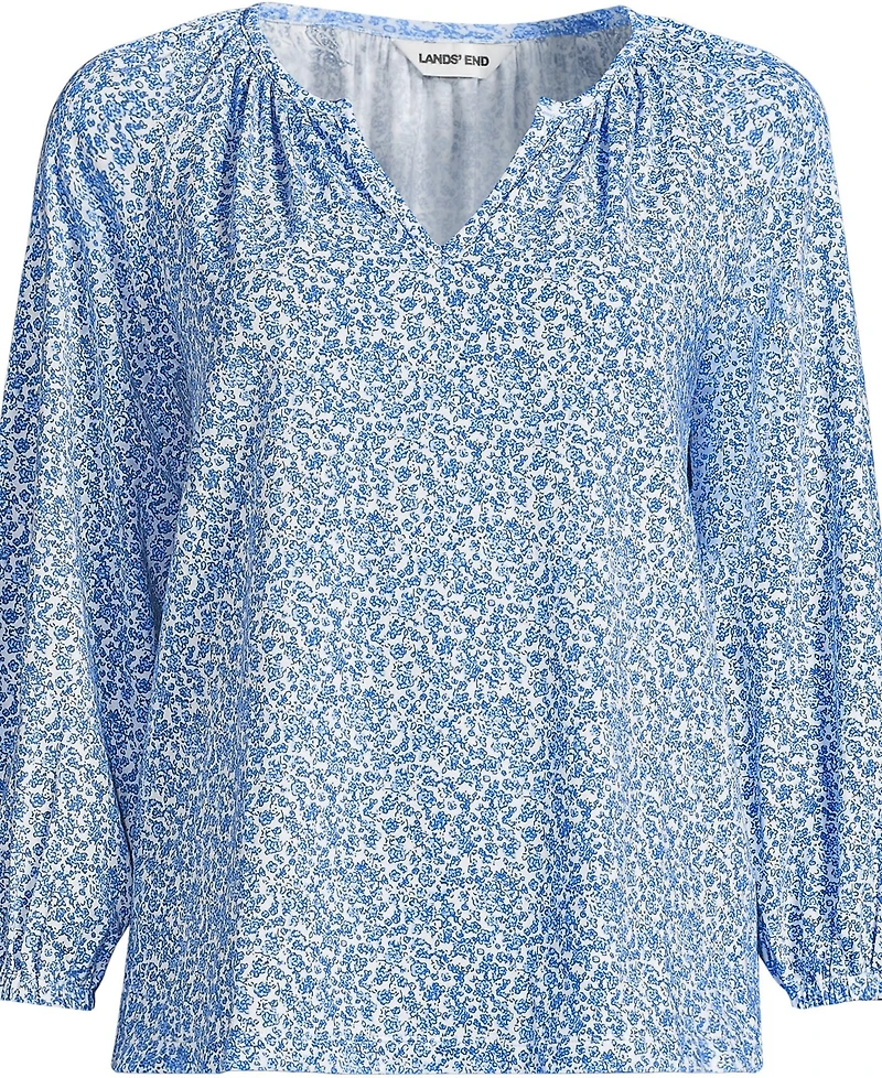 Lands' End Plus Lightweight Jersey 3/4 Sleeve Notch Neck Gather Blouse