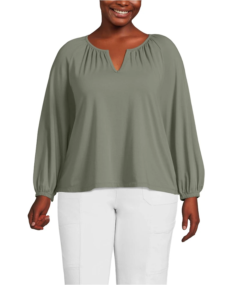 Lands' End Plus Lightweight Jersey 3/4 Sleeve Notch Neck Gather Blouse