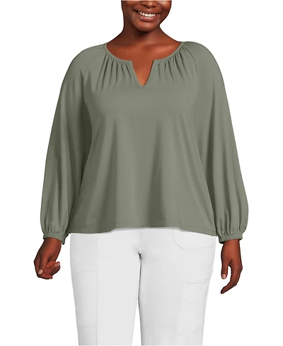 Lands' End Plus Lightweight Jersey 3/4 Sleeve Notch Neck Gather Blouse