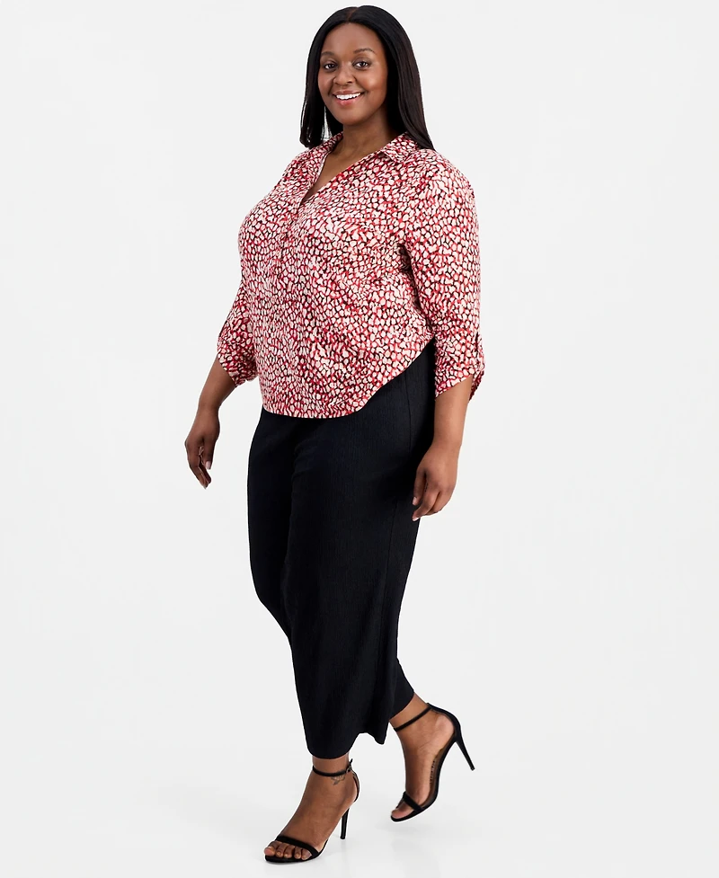 Anne Klein Essentials Plus Printed 3/4 Scrunch-Tab-Sleeve Blouse