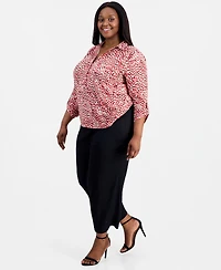 Anne Klein Essentials Plus Printed 3/4 Scrunch-Tab-Sleeve Blouse