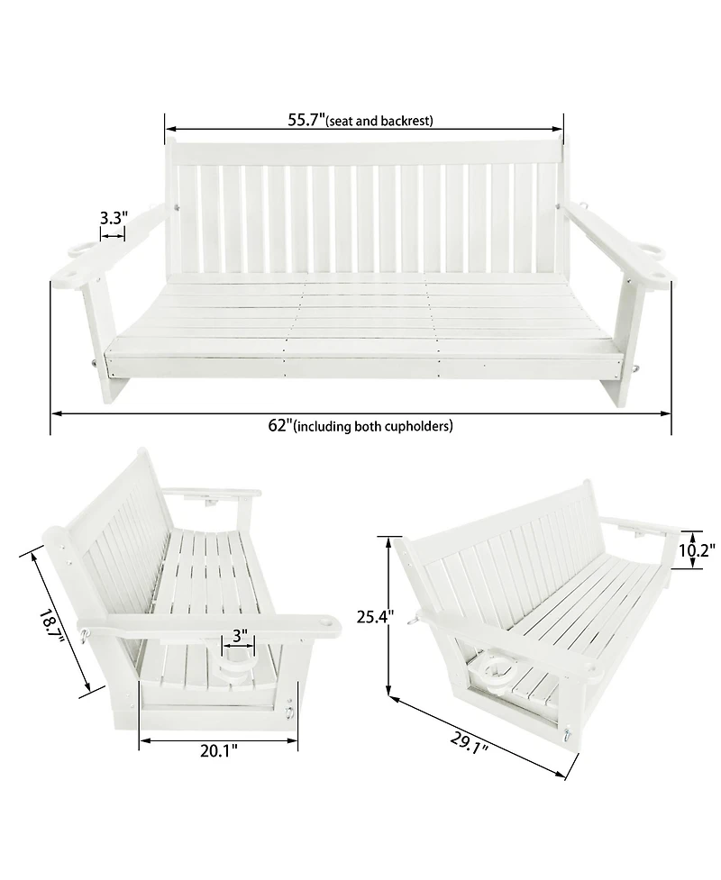 Mega Casa 3-Seater Hdpe Porch Swing 5 Ft Bench Swing with Foldable Cup Holders