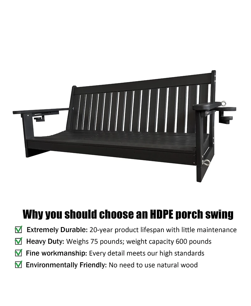 Mega Casa 3-Seater Hdpe Porch Swing 5 Ft Bench with Foldable Cup Holders