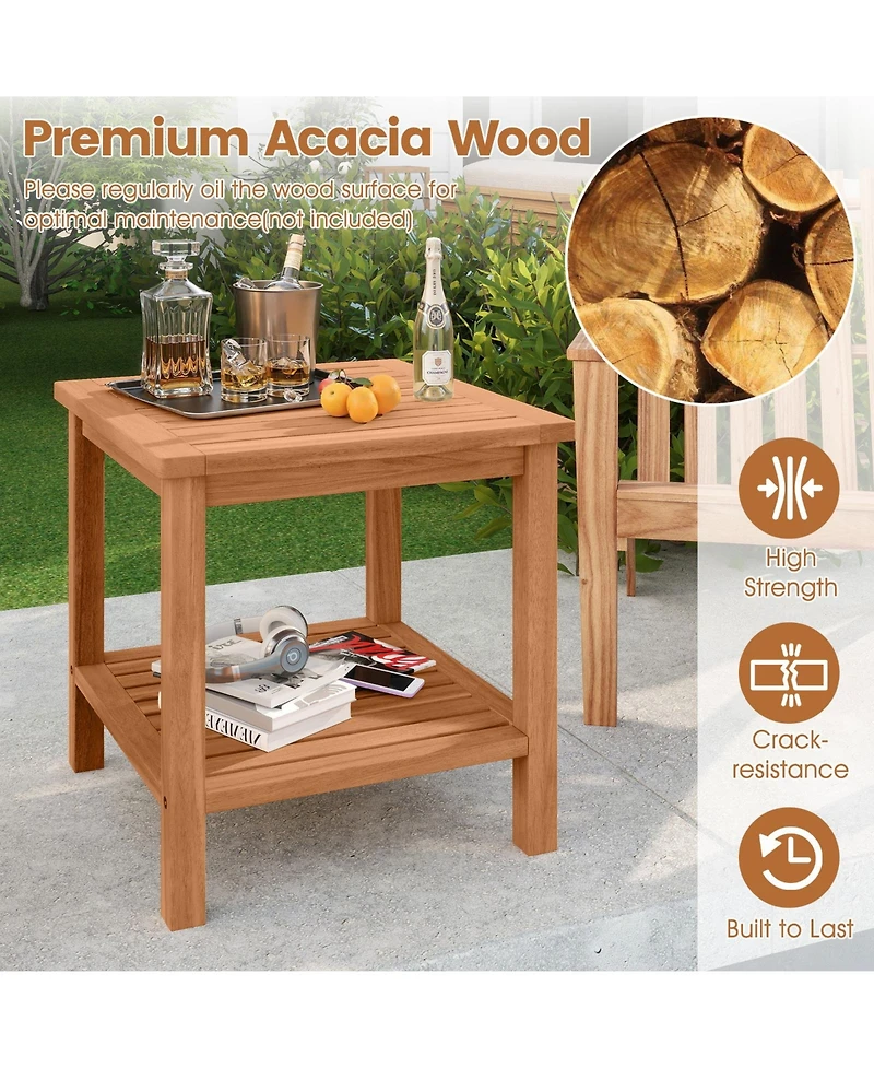 Sugift Patio Acacia Wood Side Table with Slatted Top and Storage Shelf