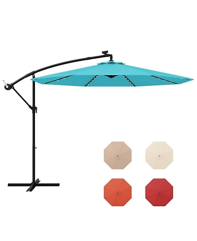 Sugift 10 ft Solar Led Offset Umbrella with Lights and Cross Base
