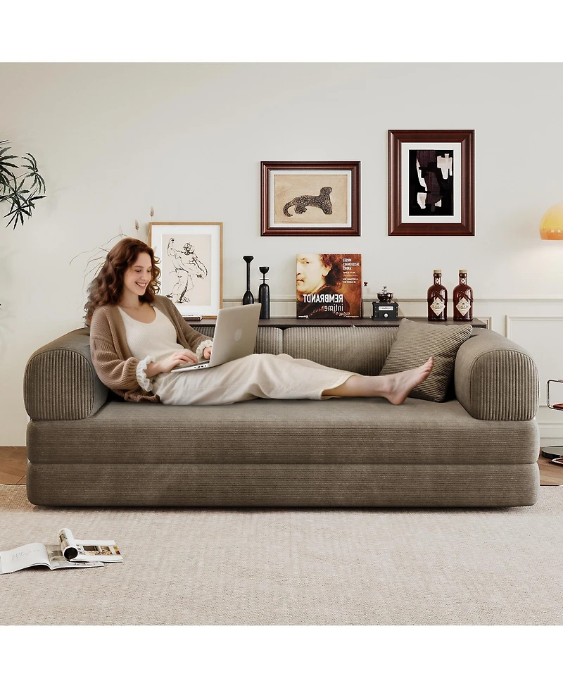 Rainsken 78.8" Corduroy Convertible Sofa Bed, 2-Seater Loveseat Sleeper with Pillow Back, Boneless Modular Sectional for Living Room