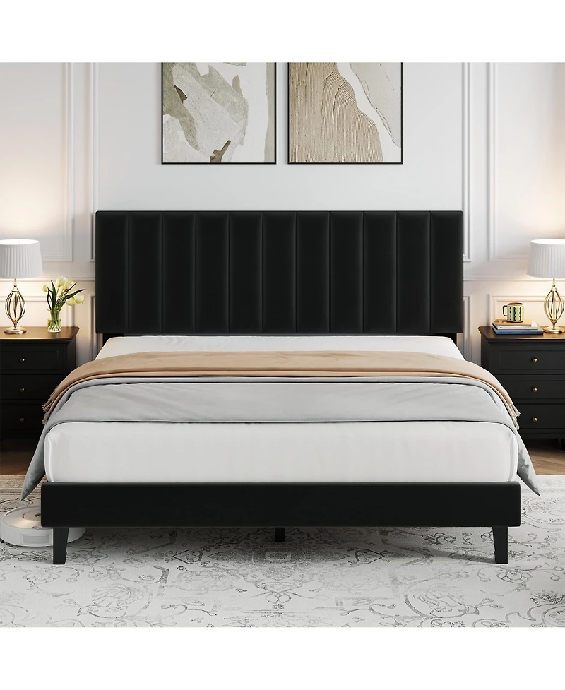 Homfan Platform Bed Frame and Velvet Upholstered Headboard with Adjustable Vertical Channel Tufted Headboard, No Box Spring Needed