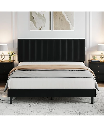 Homfan Platform Bed Frame and Velvet Upholstered Headboard with Adjustable Vertical Channel Tufted Headboard, No Box Spring Needed