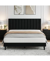 Homfan Platform Bed Frame and Velvet Upholstered Headboard with Adjustable Vertical Channel Tufted Headboard, No Box Spring Needed