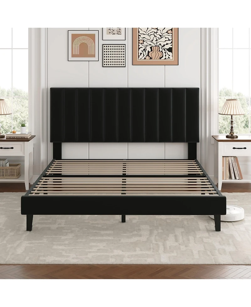 Homfan Platform Bed Frame and Velvet Upholstered Headboard with Adjustable Vertical Channel Tufted Headboard, No Box Spring Needed