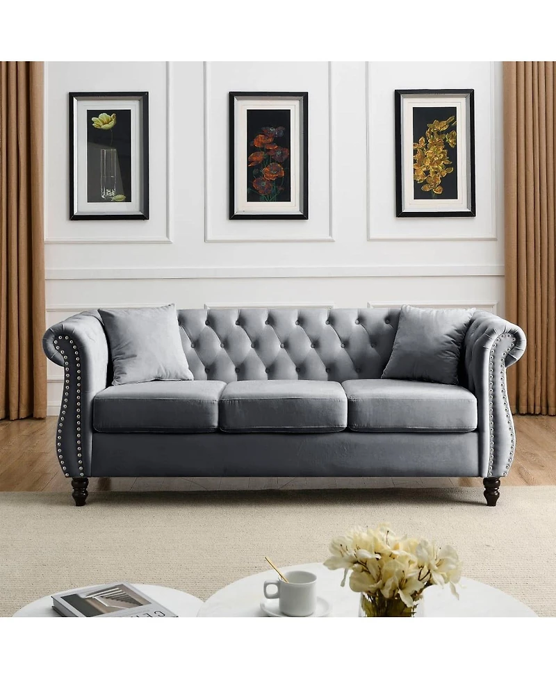 Maison Boucle 80" Velvet Sofa 3-Seater Tufted Chesterfield Couch Rolled Arm Nailhead