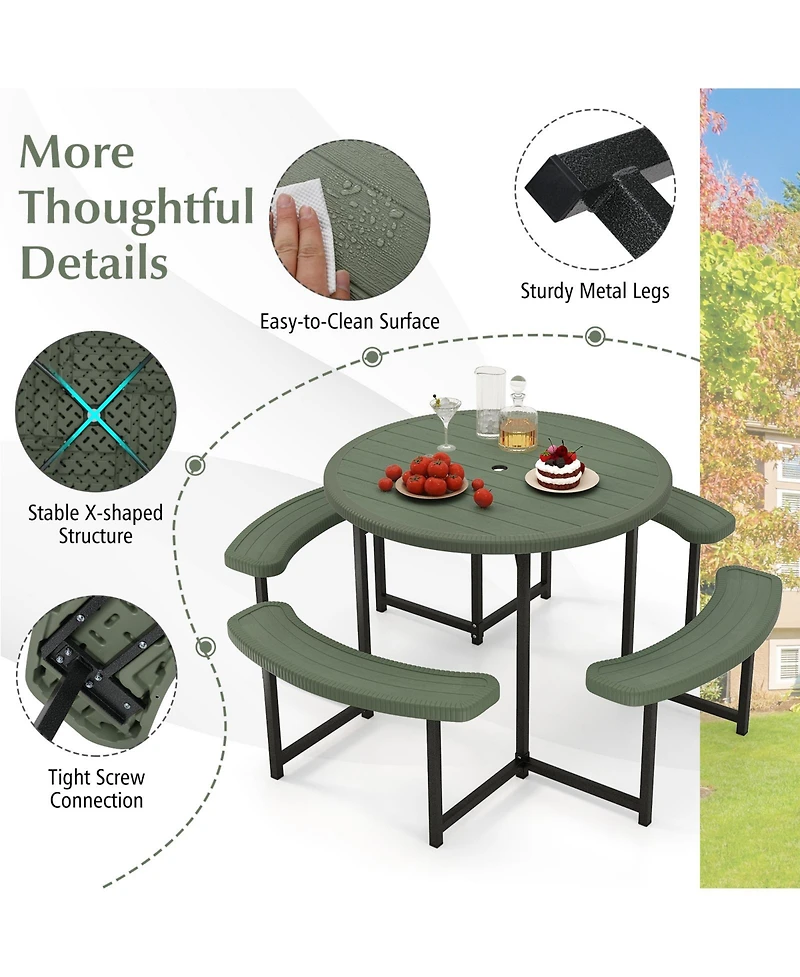 Sugift Round Picnic Table Bench Set with Four Benches and Umbrella Hole