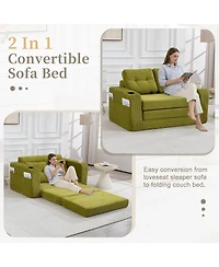 Rainsken Fold Out Convertible Sofa Bed, Comfortable Corduroy Loveseat Floor Sofa with Cup Holders and Pillows for Living Room and Small Spaces