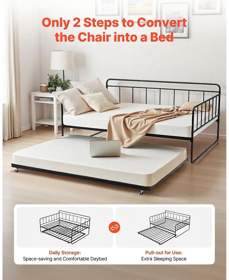 Sugift Full Size Daybed Frame with Trundle, Heavy Duty Metal, Easy Assembly