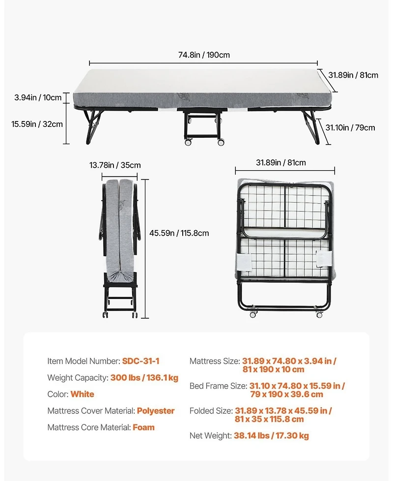 Sugift Rollaway Bed, 31" x 75", Foldable Bed with 4" Mattress, for Adults and Guests