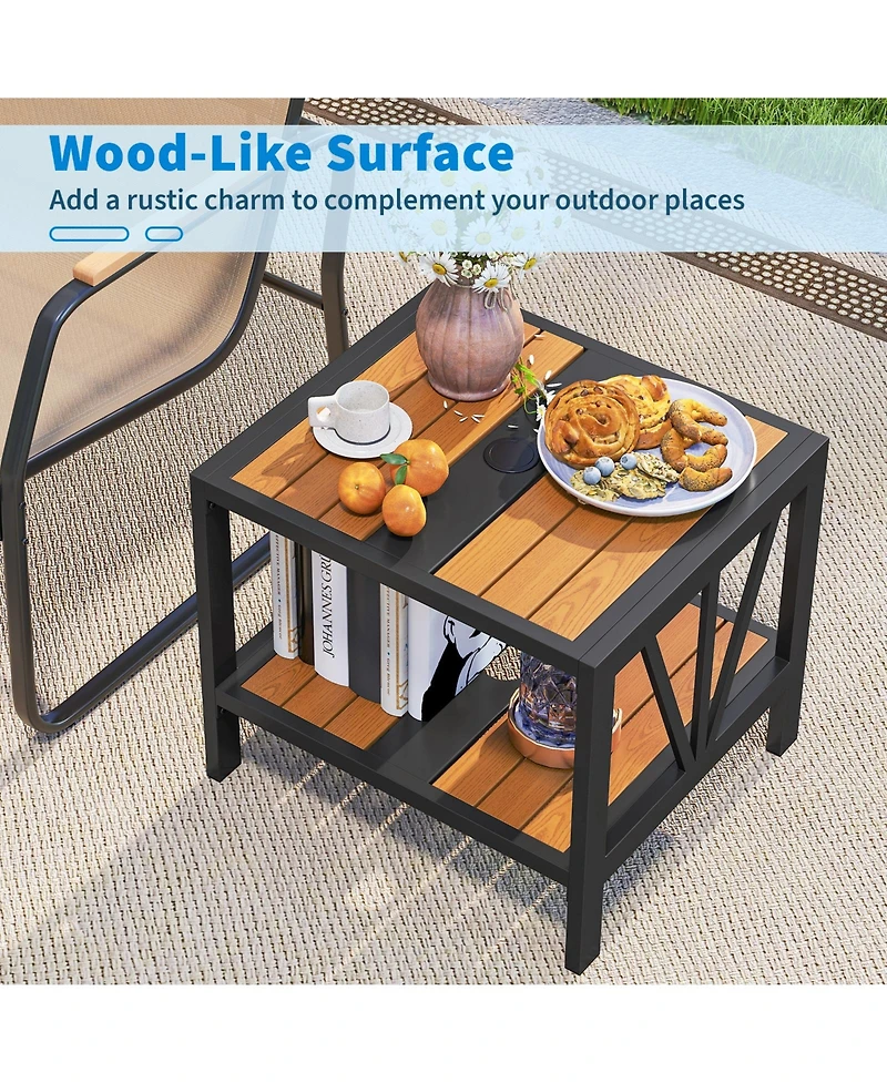 Sugift Outdoor Side Table with Umbrella Hole and Storage Shelf