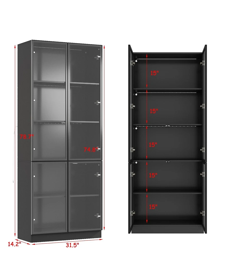 Famapy Display Cabinet with 4 Glass Doors and Lights, 5-Tier Storage Shelves, Bookcases and Shelves