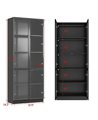 Famapy Display Cabinet with 4 Glass Doors and Lights, 5-Tier Storage Shelves, Bookcases and Shelves