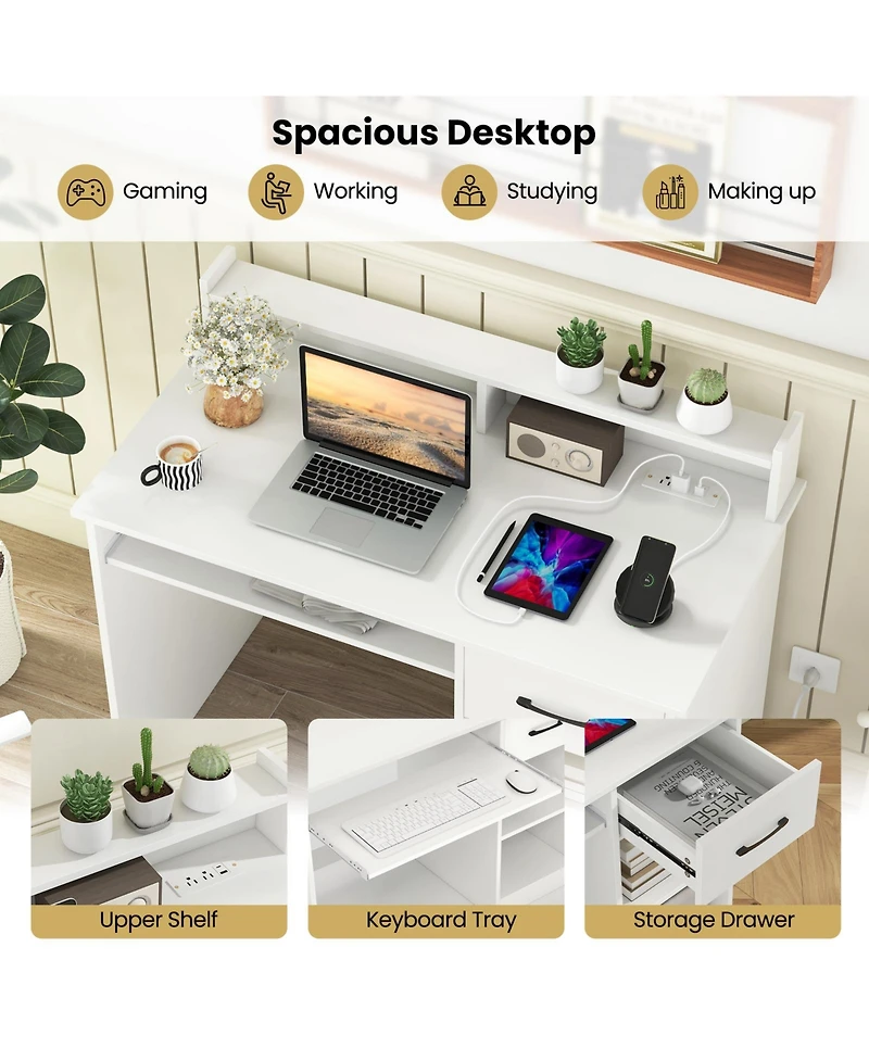 Slickblue Home Office Desk with Built-In Charging Station and Shelf