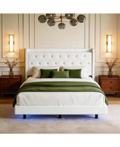 Homfan Bed Frame With Led Lights Upholstered Headboard Storage Shelves Heavy Duty Metal Slats