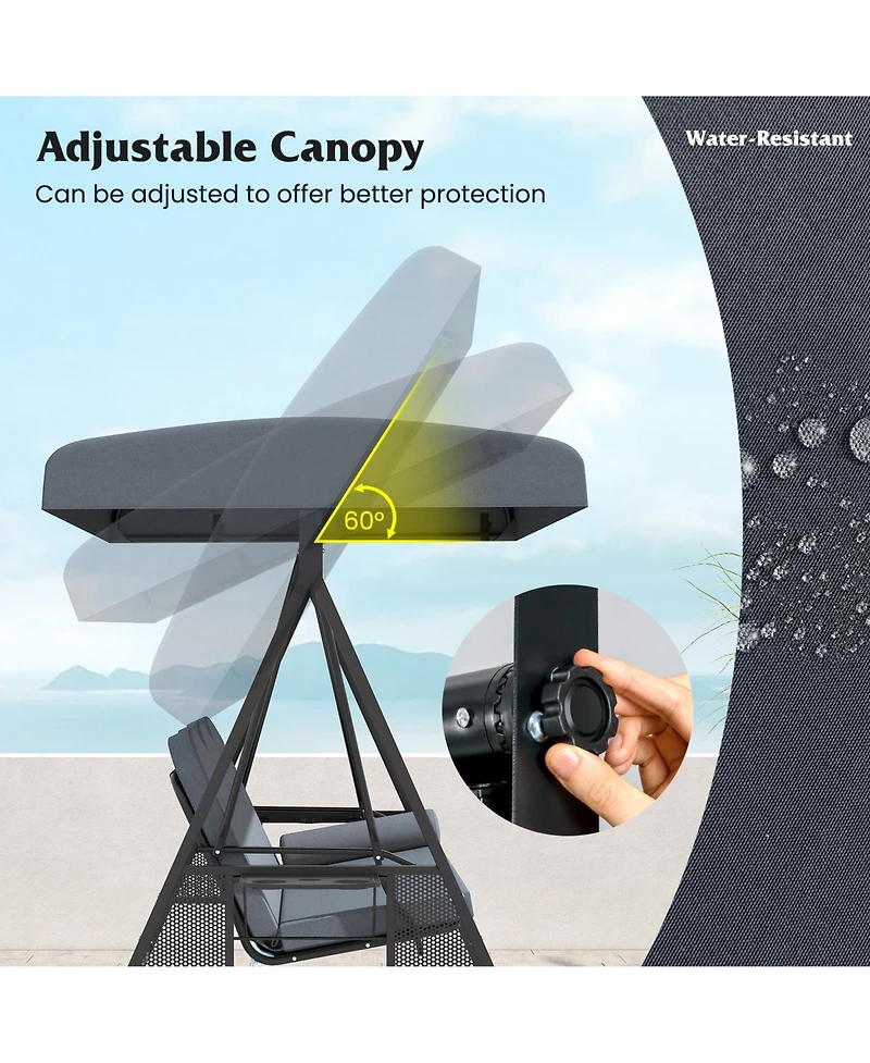 Sugift Three Seat Patio Swing Chair with Canopy Cushions and Trays