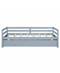 Gouun Twin Size Trundle Platform Bed Frame with Wooden Slat Support