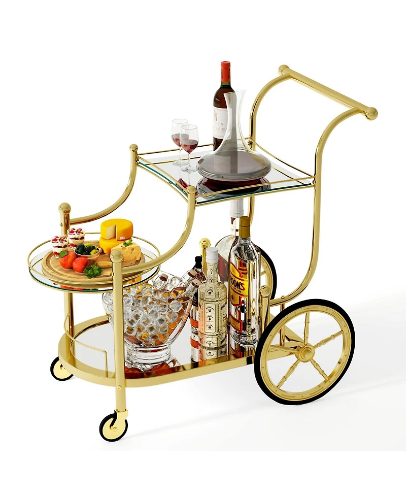 Sugift Three Tier Rolling Bar Serving Cart with Mirrored Shelves