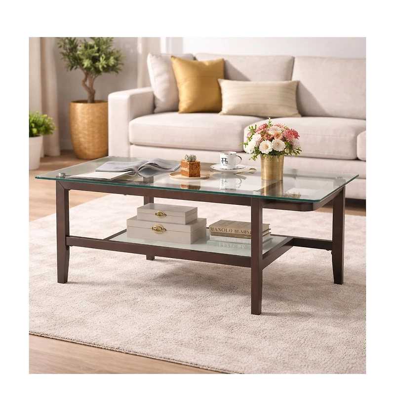 Gouun 42 in Rectangular 2-Tier Tempered Glass Coffee Table with Rubber Wood Legs