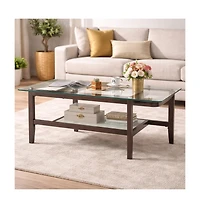 Gouun 42 in Rectangular 2-Tier Tempered Glass Coffee Table with Rubber Wood Legs
