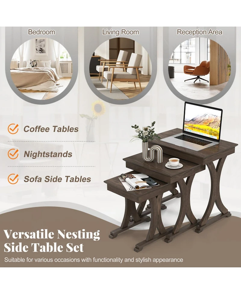 Gouun 3-Piece Nesting Coffee and Side Table Set with Solid Rubber Wood Legs