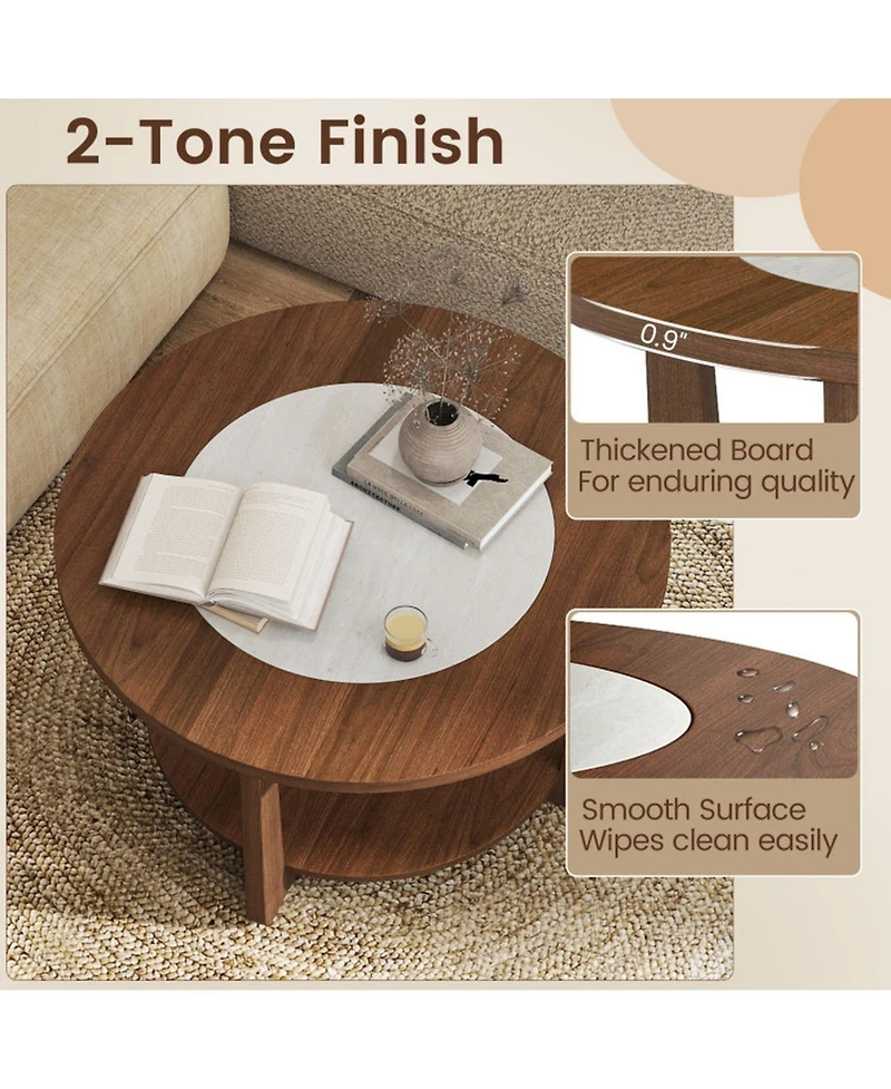 Gouun 31.5 in Farmhouse Round Coffee Table with 2-Tone Top and Storage Shelf