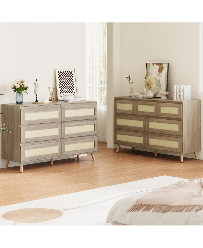 gaomon Modern Rattan 6 Drawer Dresser for Bedroom, Wooden Chest of Drawers with Storage, Clothes Organizer Cabinet